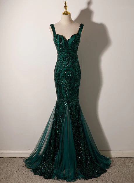 Mermaid Long Straps Sequins Long Prom Dress